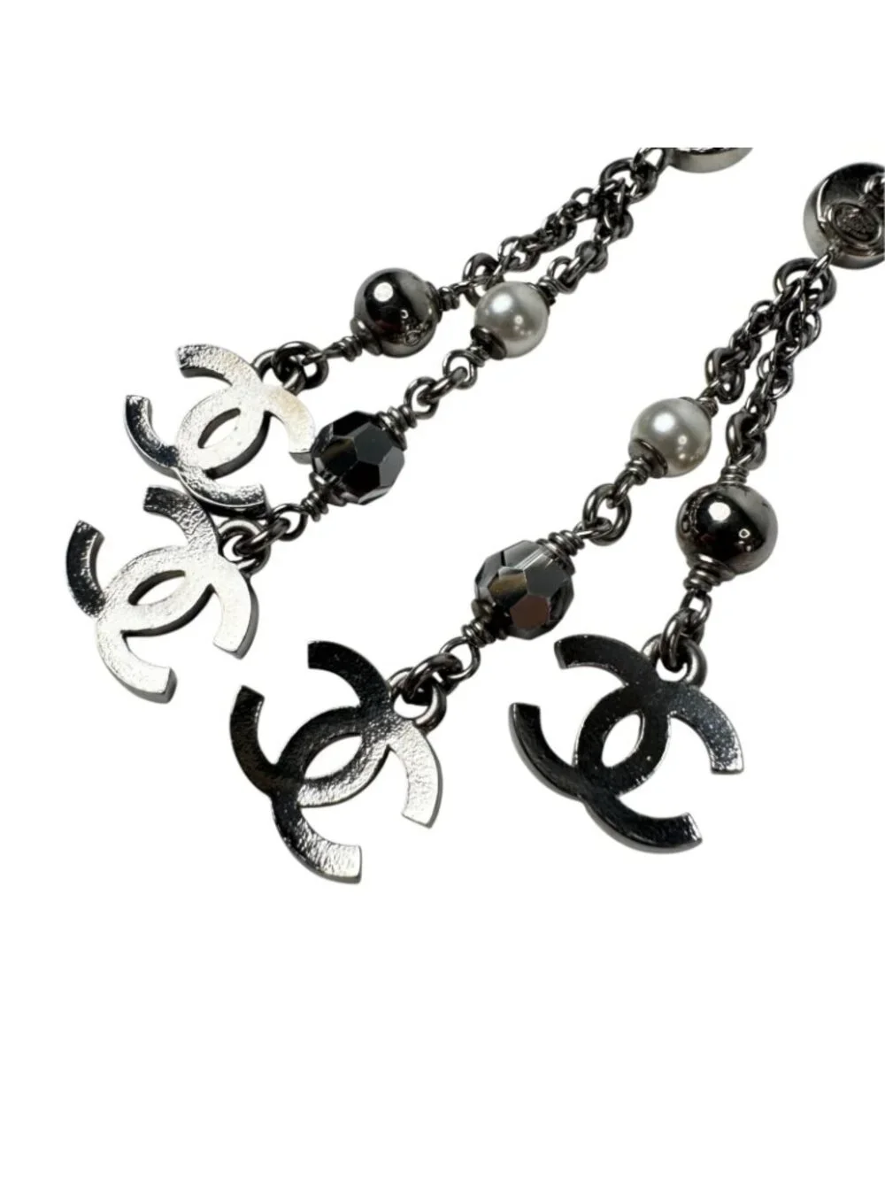 Chanel CC Logo Long Drop Earrings Light Stone Pearl